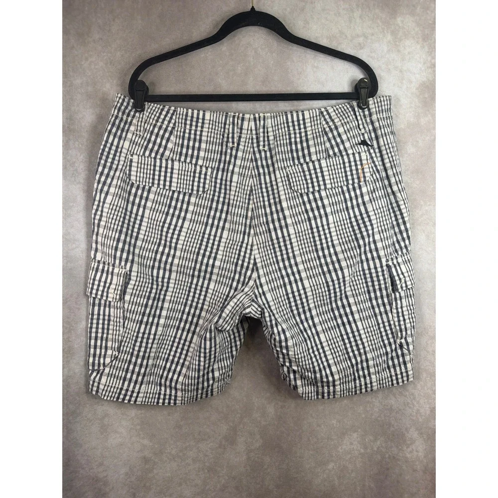 Tommy Bahama Cargo Shorts Mens 38 Navy White Plaid Cotton Tencel Casual Preppy